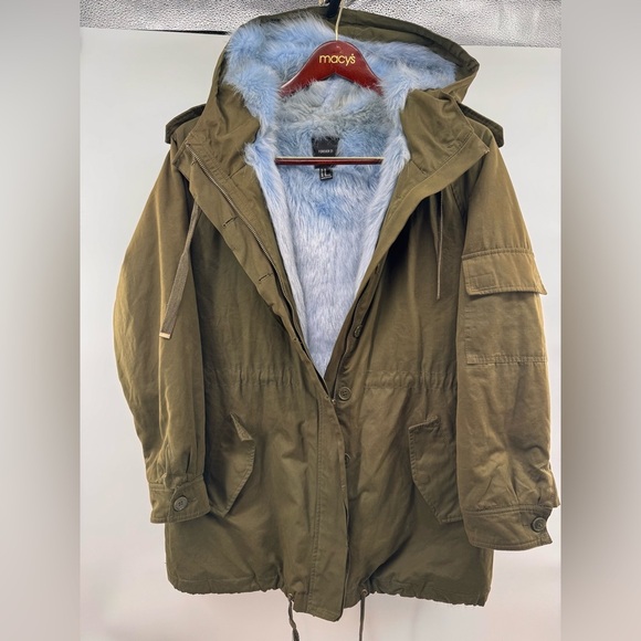 Women’s khaki parka coat blue fur lining medium - Picture 4 of 9